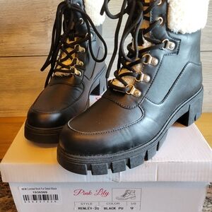 Pink Lily Black Combat Boots with Fur Detail NWB, Brand New Never Worn  Size 9